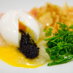 Momofuku Ko smoked egg with hackleback caviar, onion soubise and fingerling potato chips dinner menu