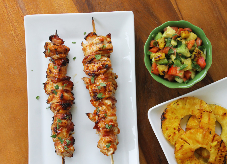 Grilled Spicy Guava Glazed Chicken Skewers with Pineapple Avocado Salsa