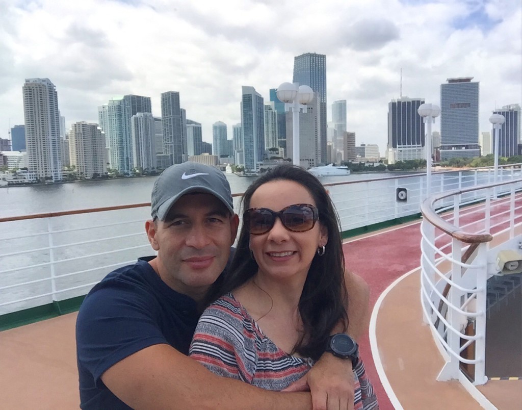 Cruising aboard Fathom's Adonia with the Miami skyline in the background