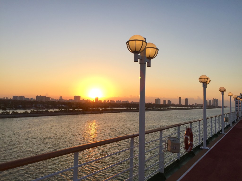 sunrise over the Miami skyline from the Adonia.