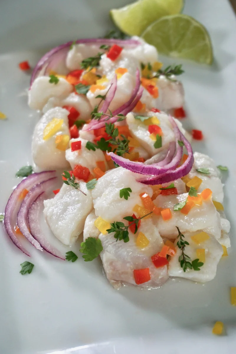 Peruvian fish ceviche plated with red onion, diced peppers, cilantro, and lime