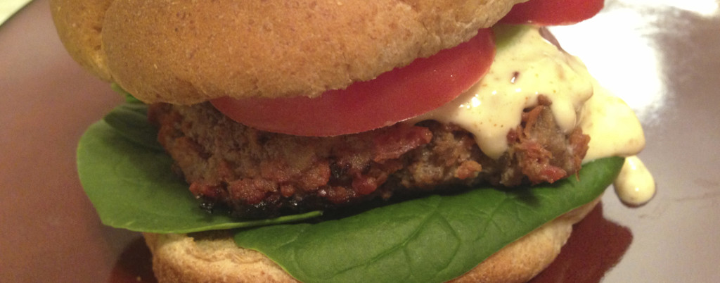 Red chorizo burger with blue cheese chipotle sauce and avocado
