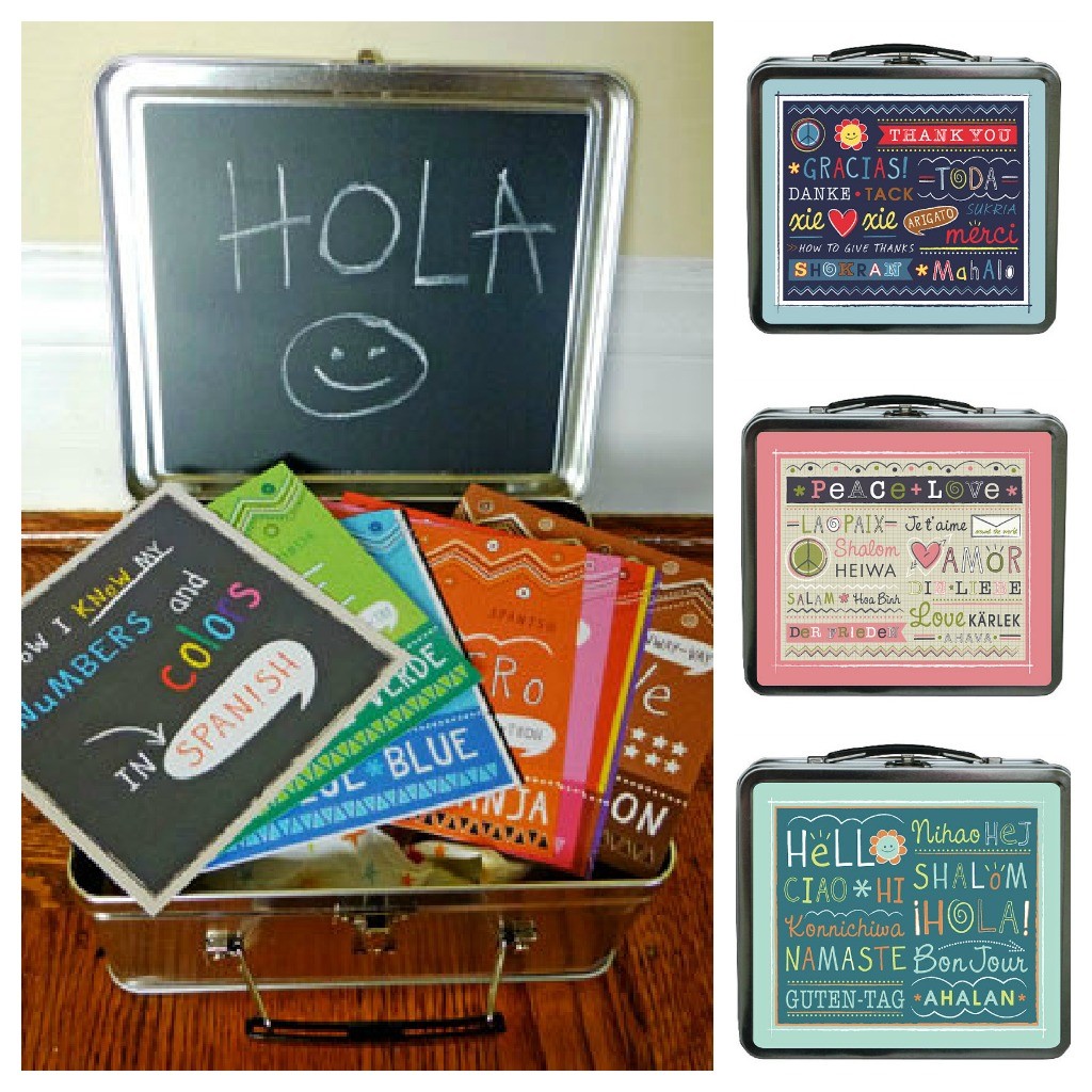 Bebe Bilingual lunch boxes. Chalk inside where you can write your little one a messages in any language. 