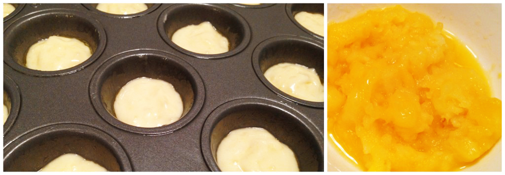 Batter in the mini cup cake tin. Softened Mango Pineapple Chunk O' Fruti ba