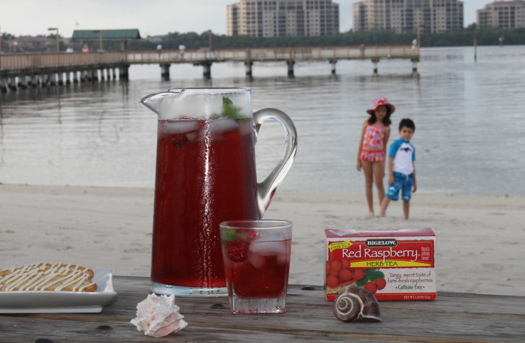 Enjoying Bigelow Raspberry iced tea at the beach.
