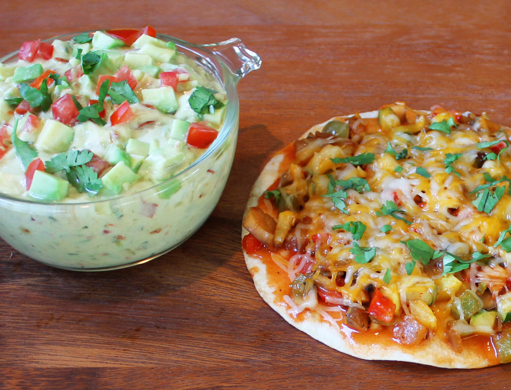 creamy avocado dip and vegetable quesadilla 