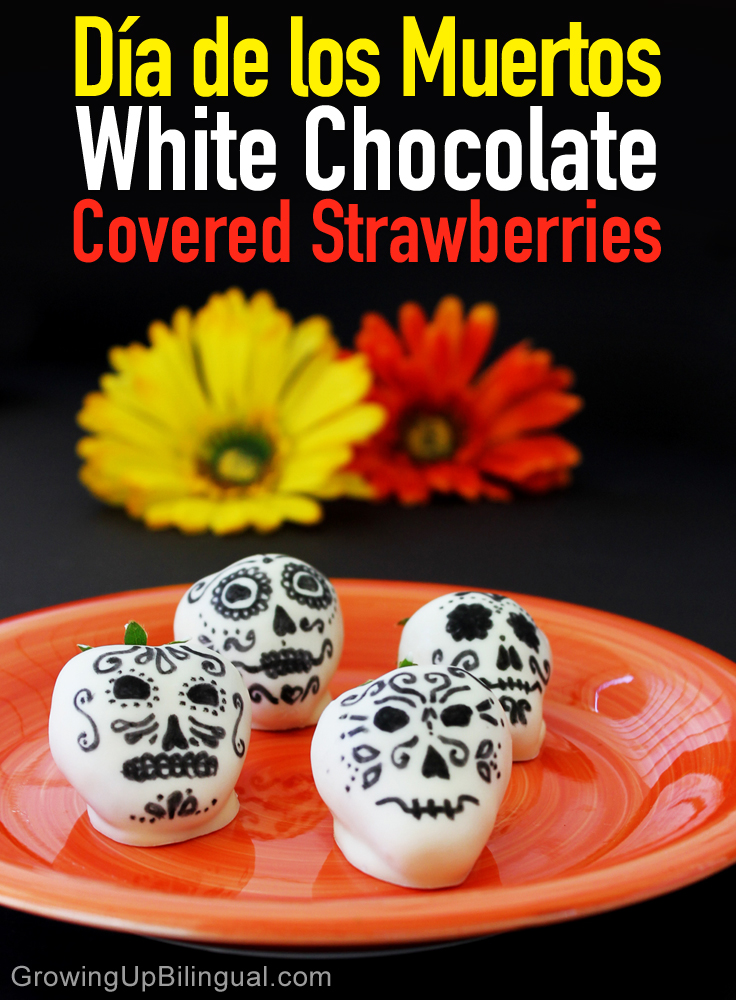 white chocolate covered Dia de los Muertos strawberry skulls