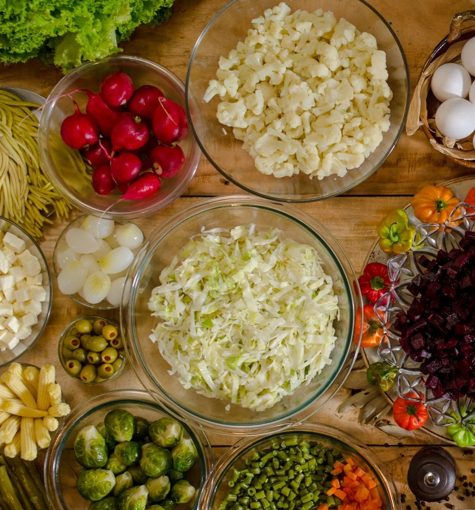 Boiled and chopped vegetables for fiambre: cauliflower, cabbage, radishes, beets
