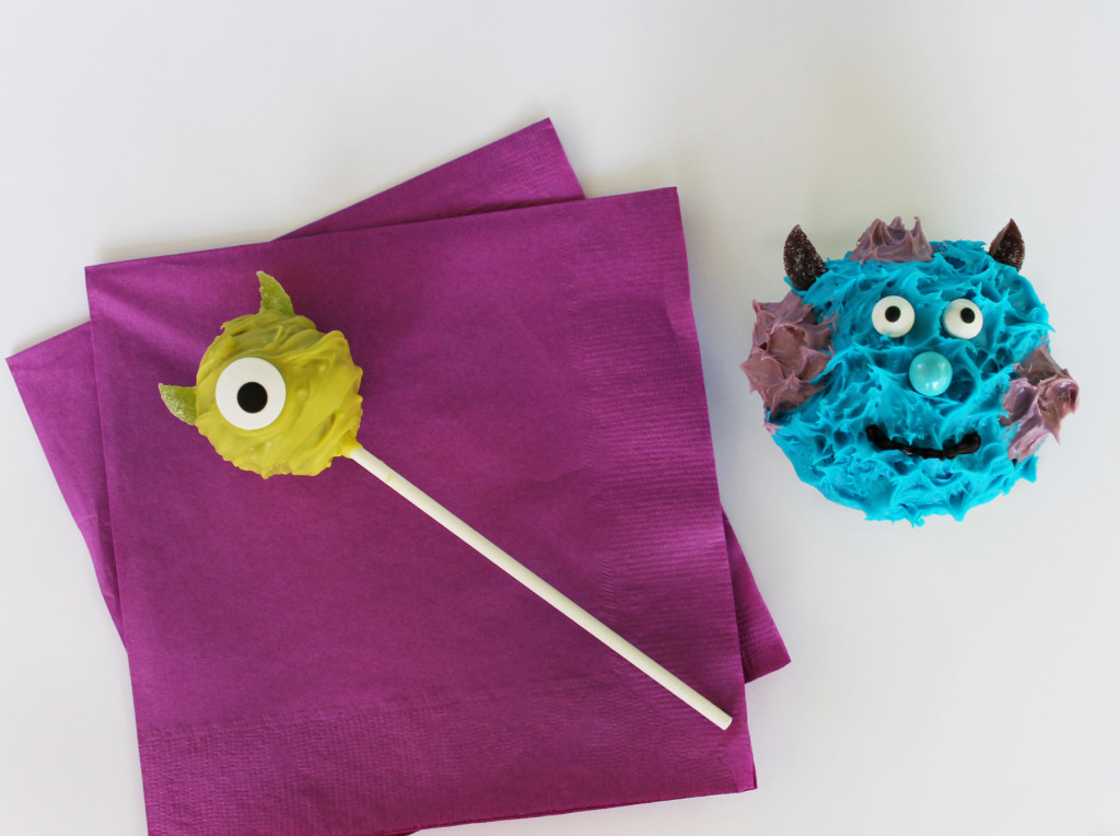Monsters University cake pops and cupcakes Mike and Sully