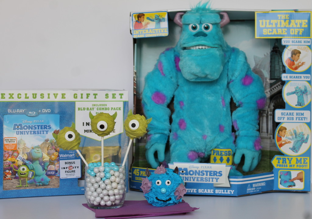 Monsters University toys party cake pops and cupcakes