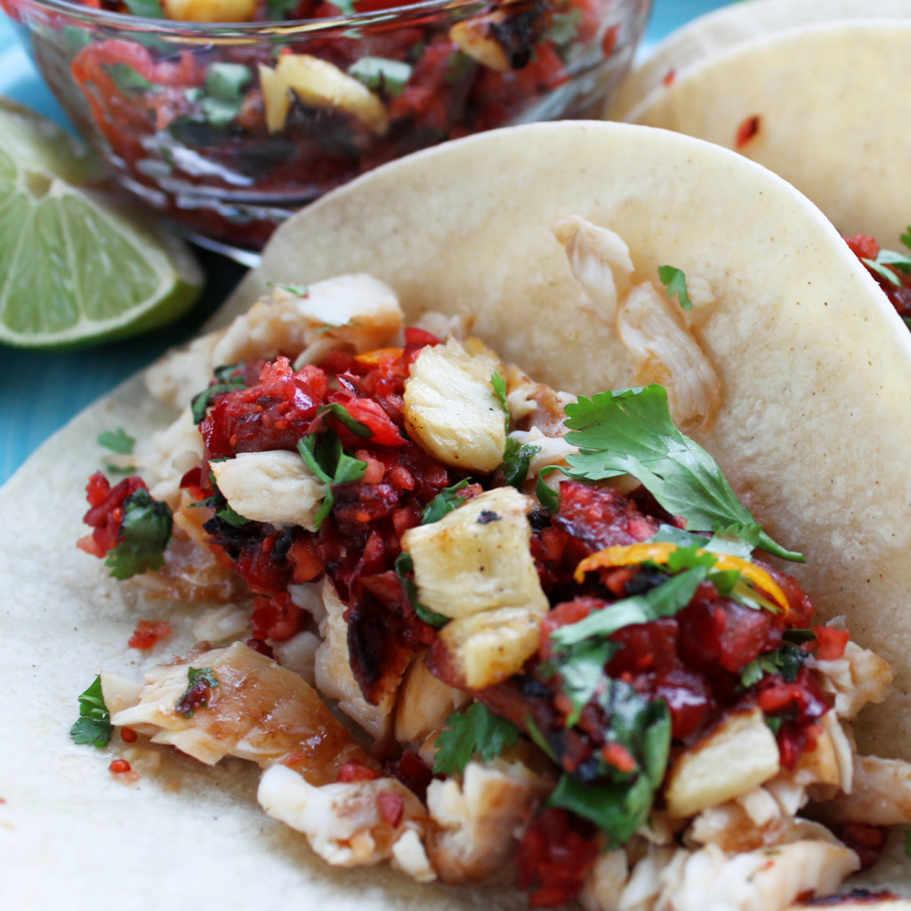 fish tacos with cranberry pineapple salsa