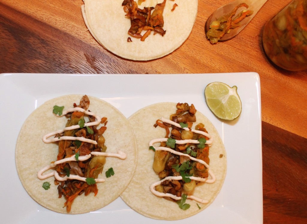 Flor de calabaza mushroom vegetarian tacos with chipotle crema