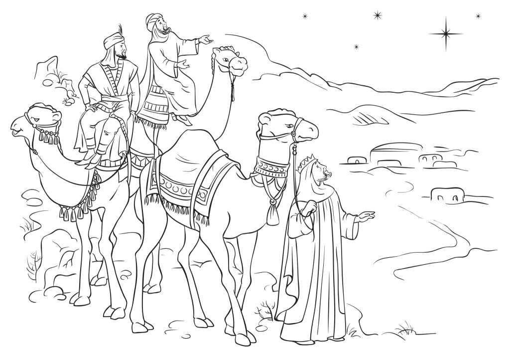 Three wise men following the star of Bethlehem free coloring page