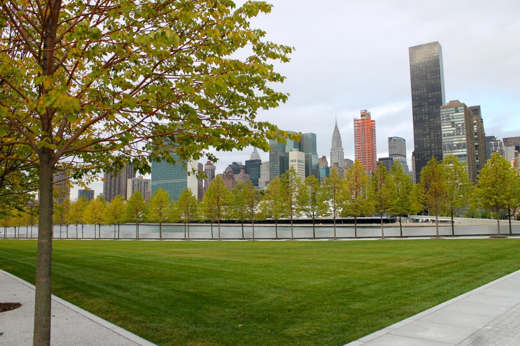 View of the Manhattan skyline from the Four Freedoms memorial park. 