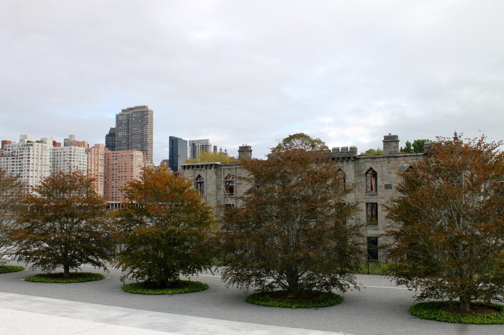 Row of mature trees welcome you to the Four Freedoms Park. Renwick Ruins in the background. 