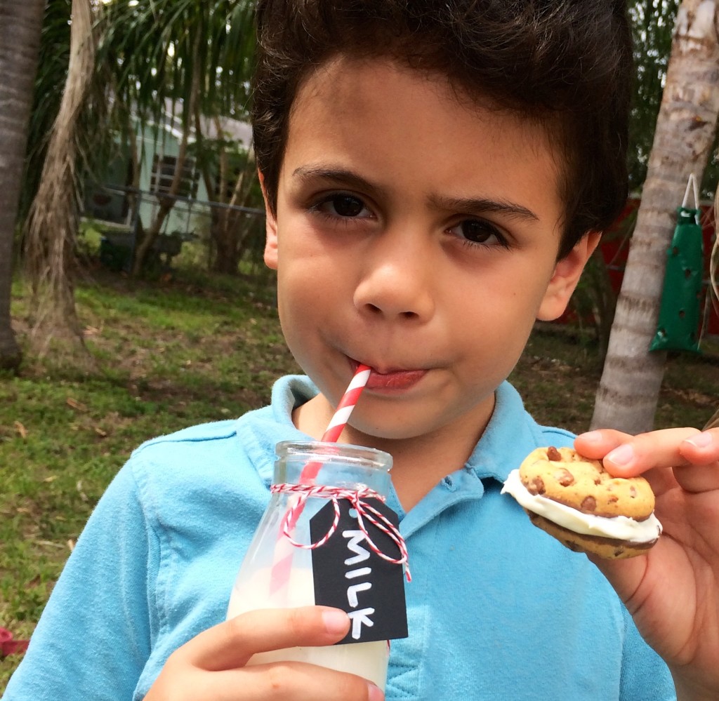 boy eating cookie and milk