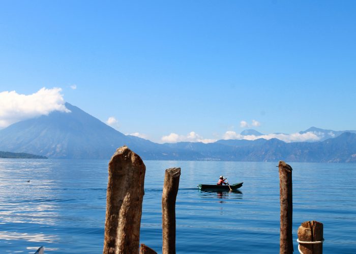 Lake Atitlan, view of the lake and the volcanoes from the dock in Santa Catarina Palopó. Photo: Paula Bendfeldt-Diaz, all rights reserved.