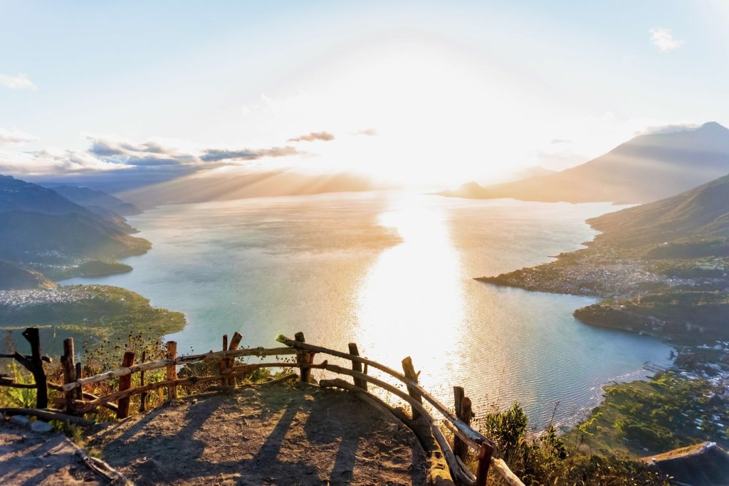 Sunrise view from Indian Nose hike overlooking Lake Atitlán and volcanoes in Guatemala