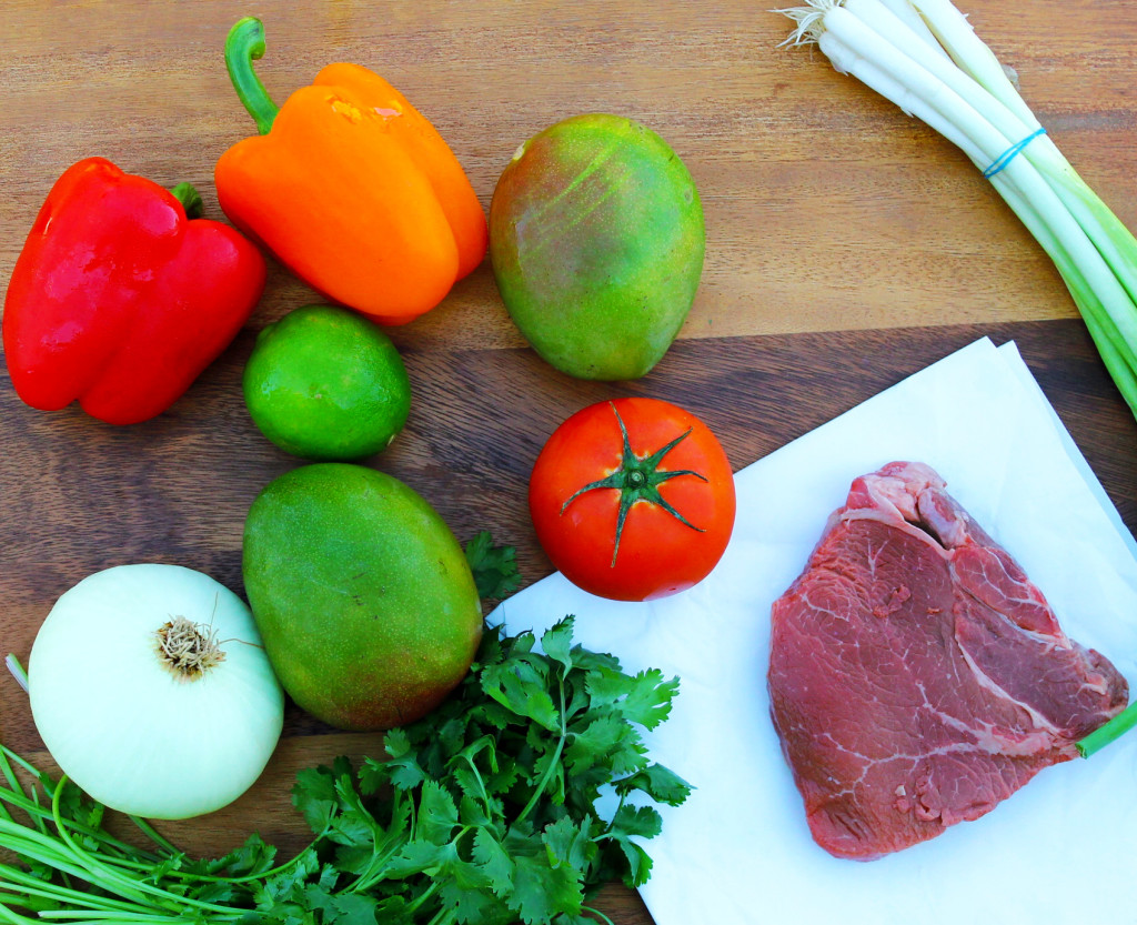 ingredients for Steak with mango salsa and grille onions