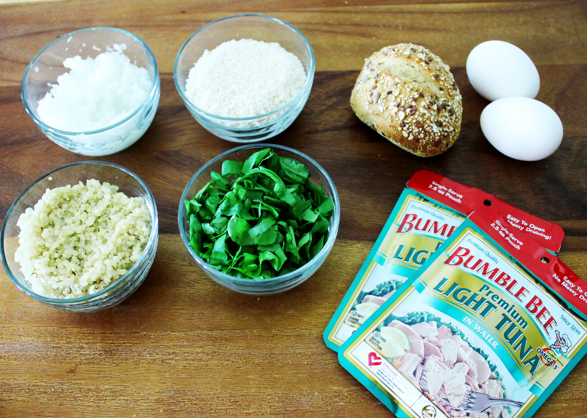 Ingredients for tuna and quinoa patties.