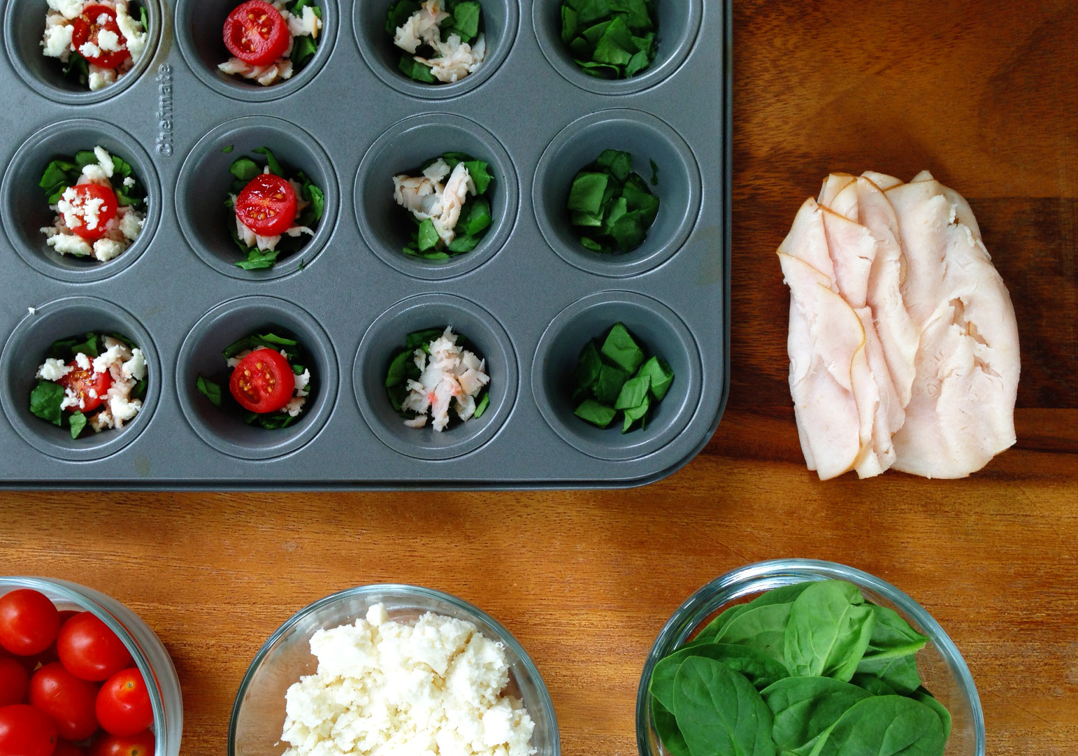 Spinach, tomato, turkey and queso fresco mini quiches