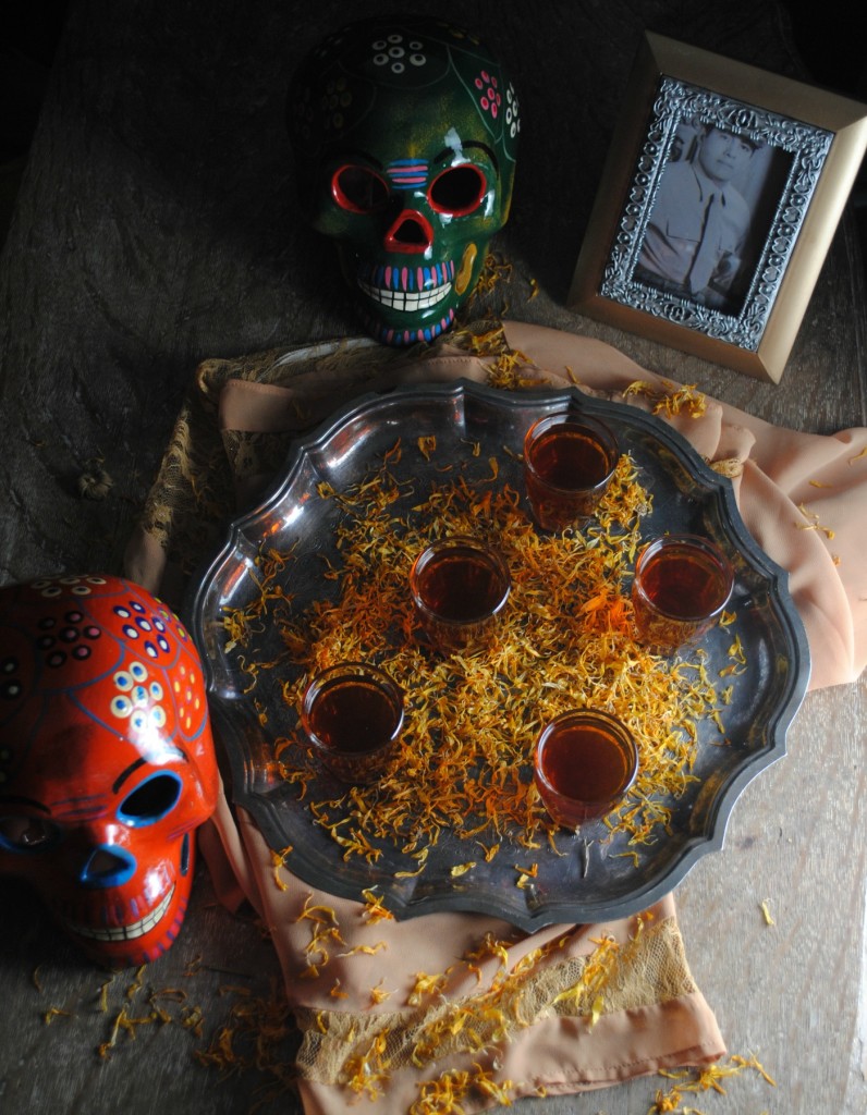 Marigold infused tequila for Day of the Dead