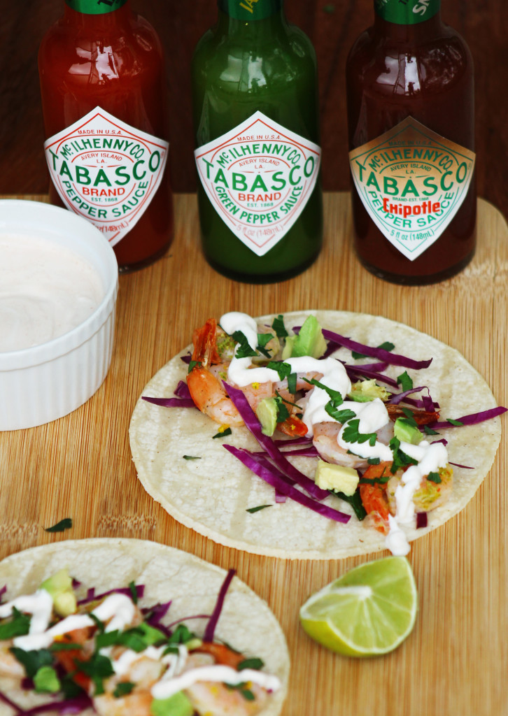 shrimp tacos with chipotle crema and tabasco sauces