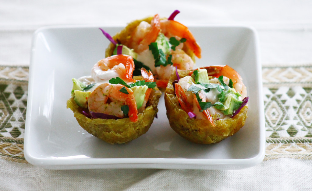 citrus jalapeño shrimp with chipotle crema in plantain cups