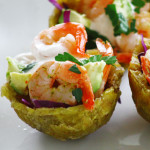 citrus jalapeño shrimp with chipotle crema on plantain cups