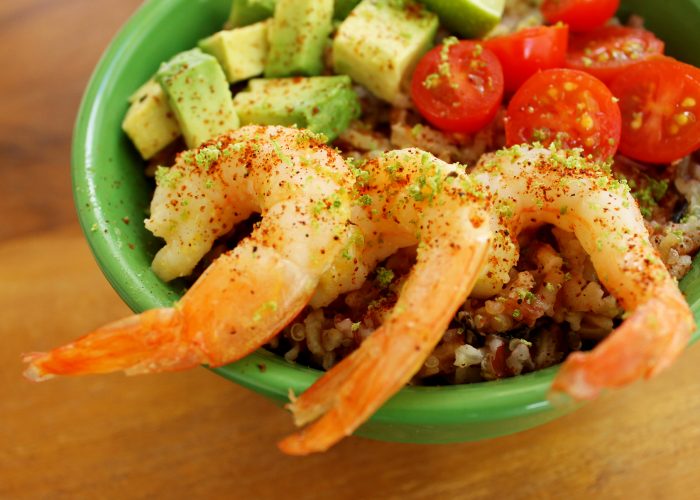 shrimp and avocado rice bowl