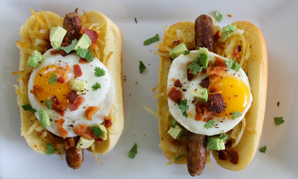 sausage egg and bacon breakfast hot dogs
