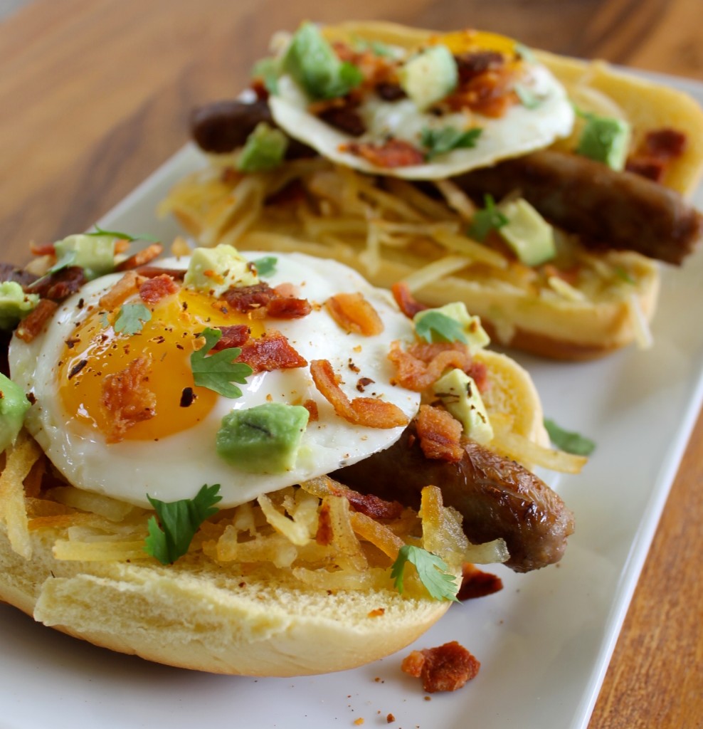 bacon sausage and egg breakfast hot dogs