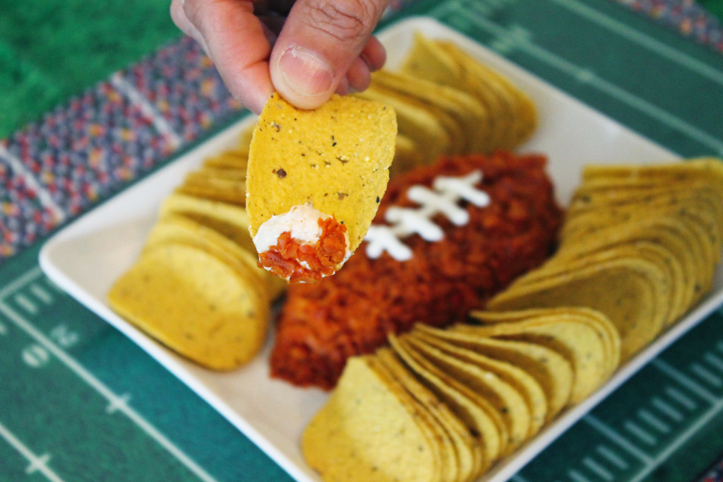 football cheese ball with chorizo for your football party