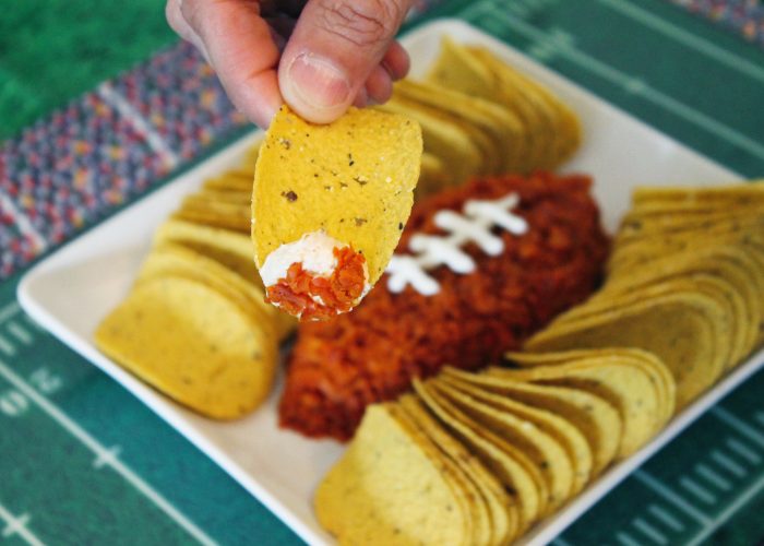 football cheese ball with chorizo for your football party