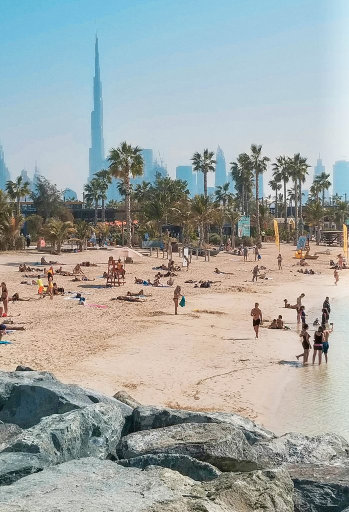 La Mer Beach Dubai with Burj Khalifa in the background