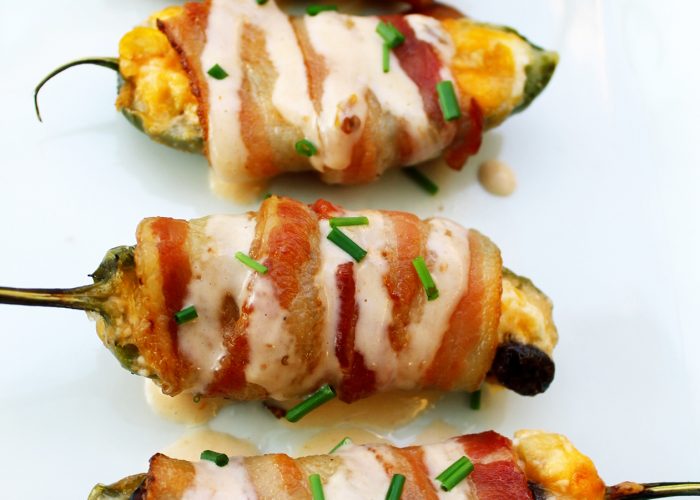 bacon wrapped cheese filled jalapeños