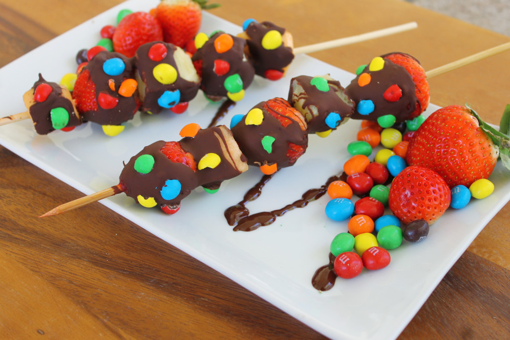 M&M and chocolate fruit kabobs