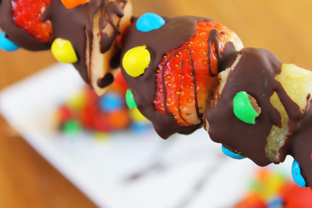 M&M and chocolate fruit kabobs