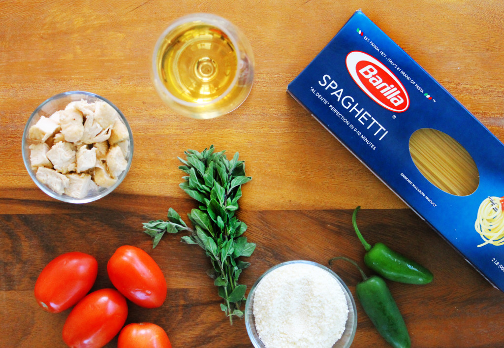 ingredients for spicy tomato and chicken pasta