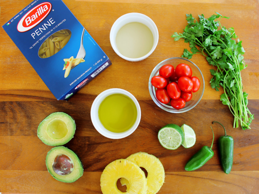 Ingredients for Spicy Pineapple and Avocado pasta salad