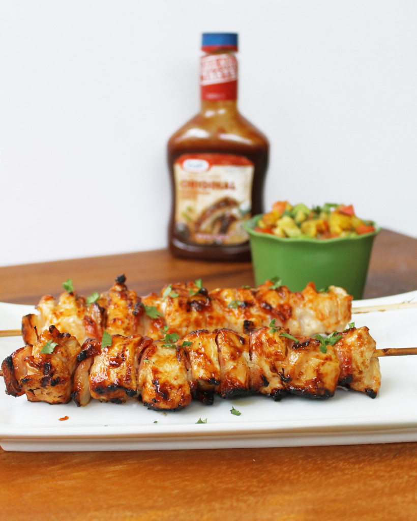 Guava BBQ chicken skewers with pineapple avocado salsa