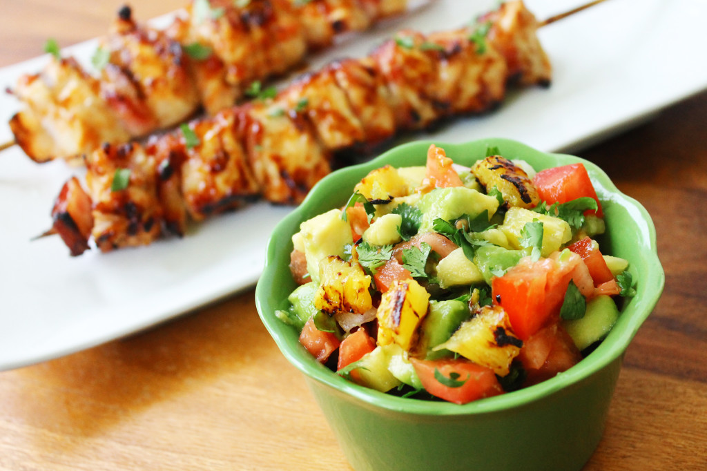 guava BBQ chicken skewers with pineapple avocado salsa