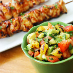 guava BBQ chicken skewers with pineapple avocado salsa