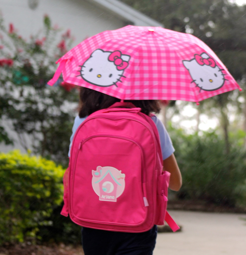 back to school, girl with backpack in rain