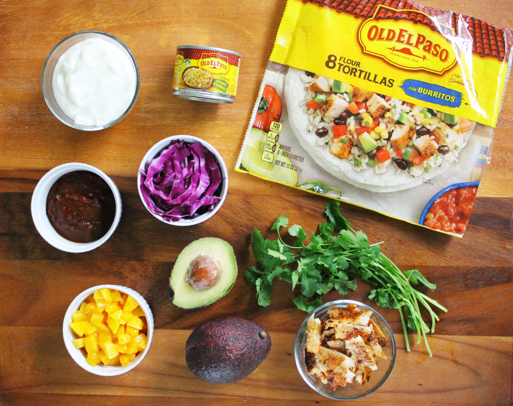 ingredients for chipotle lime fish tacos with avocado and mango