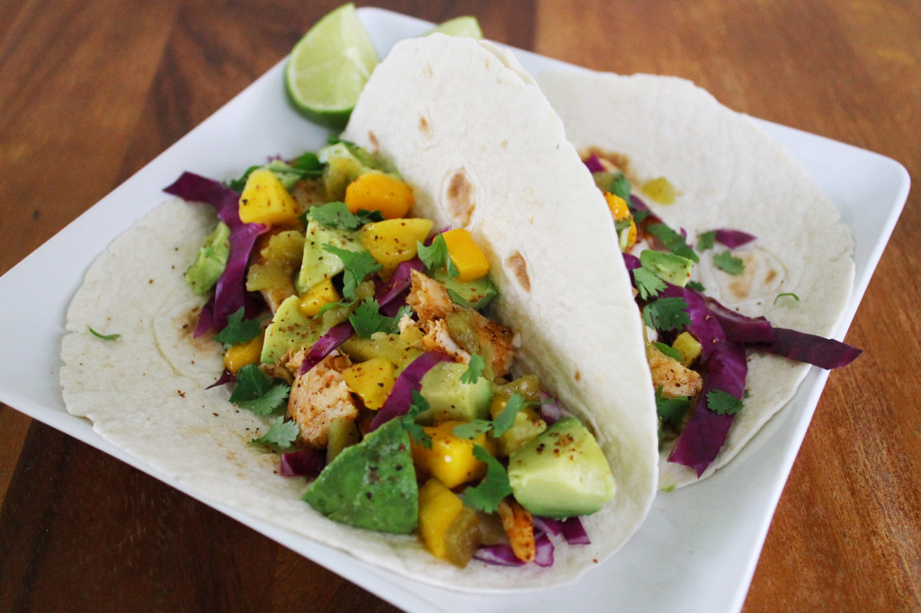 chipotle lime fish tacos with avocado and mango