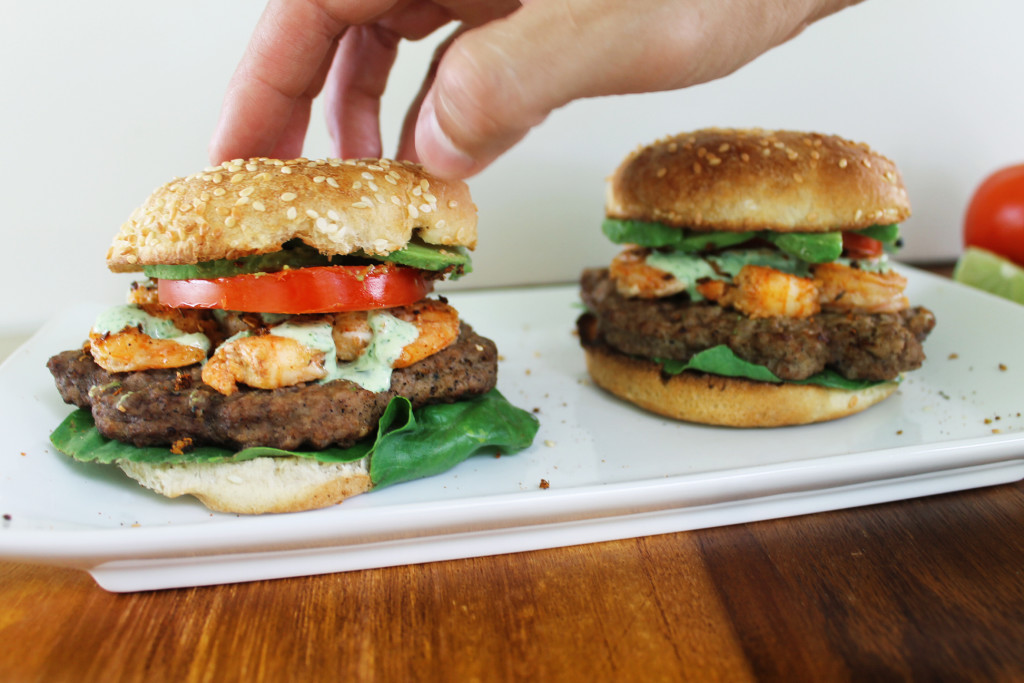 Surf & Turf Chipotle Burgers With Cilantro Lime Sauce