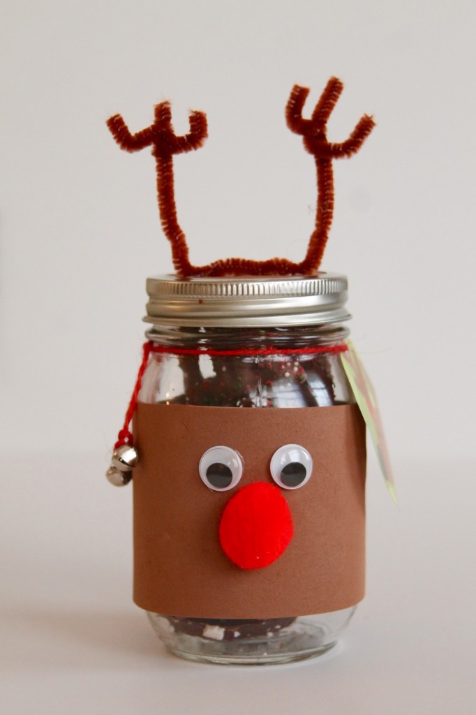 Reindeer Mason Jars These reindeer mason jars are super easy to make, here is what you need: Materials 2 brown foam sheets  6  16 oz mason jars 6 brown chenille stems or pipe cleaners red pom poms Google eyes (I like the self stick ones which are great for doing crafts with the kids) Glue gun and glue sticks  Small jingle bells Twine or jute Holiday tags (we got these cute reindeer ones at Target)