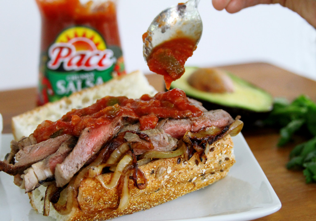 Adding Pace Salsa steak strips Bistec sandwich 