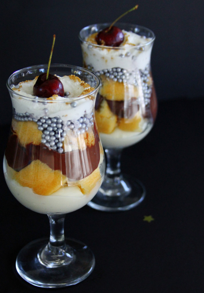 chocolate and vanilla parfaits with silver pearls